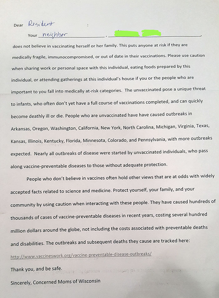 Someone Decides To Warn Their Neighbours On Anti-Vaxx Mom Living There, Writes A Letter To The Whole Neighbourhood
