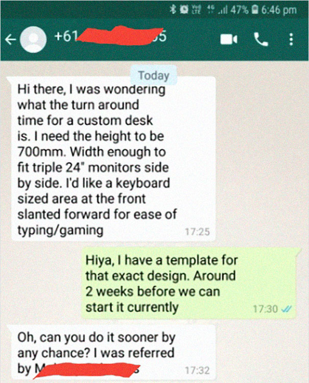 Carpenter Shares A Chat With Entitled Guy Who Demanded A Custom Table Built In Less Than 2 Weeks Carpenter Shares A Chat With Entitled Guy Who Demanded A Custom Table Built In Less Than 2 Weeks