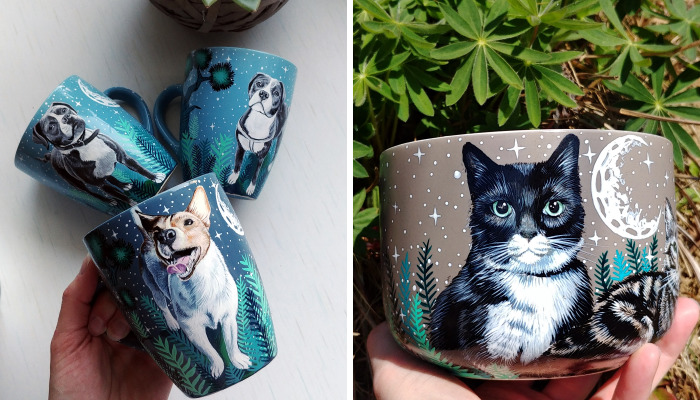 I Hand Paint Your Beloved Pets Into Magical Nature Scenes On Mugs