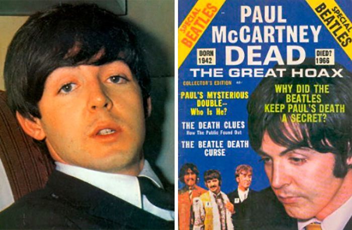 Photo of Paul McCartney beside a magazine cover about conspiracy theories claiming Paul McCartney is dead and a great hoax.