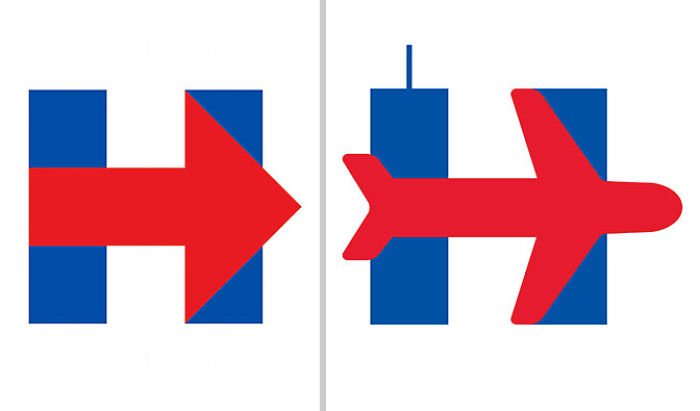 Comparison of two logos with red arrows and blue shapes, representing a famous conspiracy theory about 9/11.