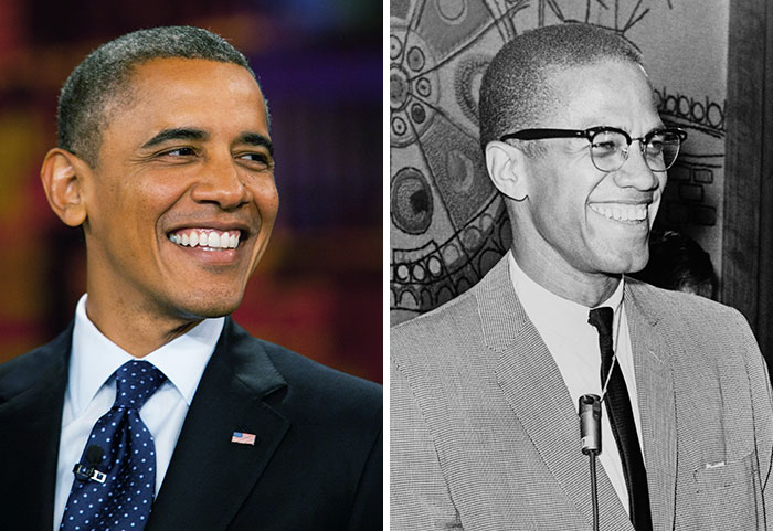 Side-by-side images of Barack Obama and Malcolm X smiling, related to crazy conspiracy theories some people believe in.
