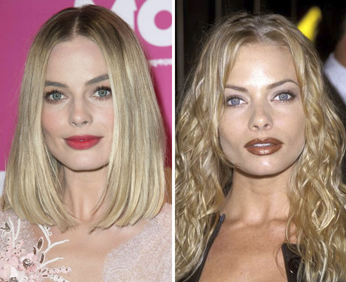 Side-by-side image highlighting the similar features of two blonde women with striking blue eyes.
