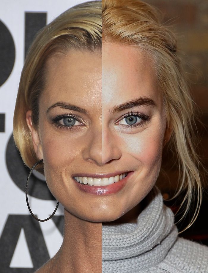 Split image showing similarities between Margot Robbie and Jaime Pressly's faces. Split image showing similarities between Margot Robbie and Jaime Pressly's faces.