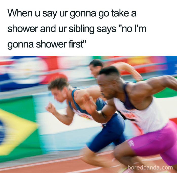 Three athletes sprinting, illustrating the urgency and humor of sibling rivalry in a meme.