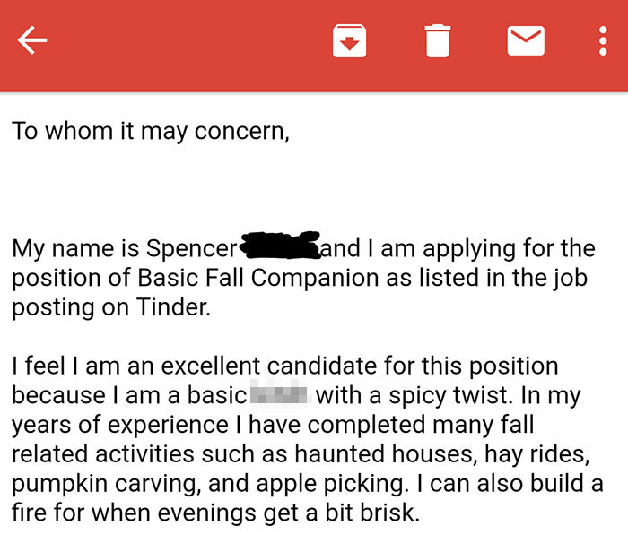 Girl Is Looking For A 'Fall Companion' On Tinder And This Guy Won Her Over By Sending An Extensive Resume