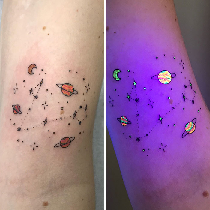 UV tattoo design of constellations and planets glowing under blacklight.