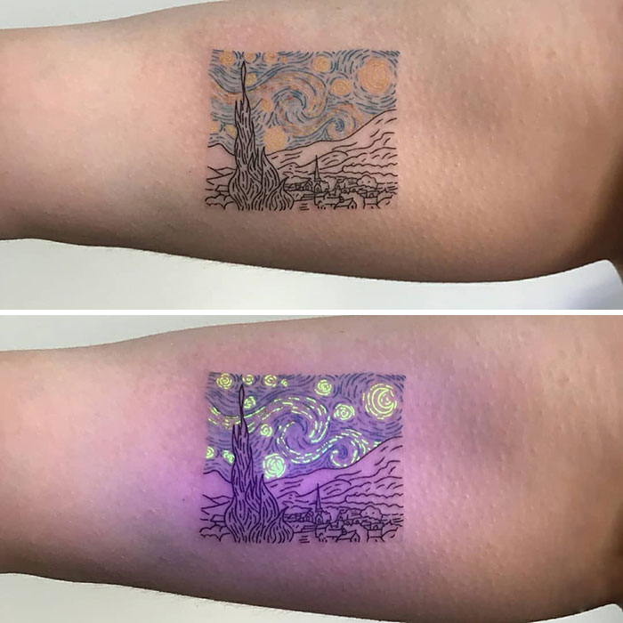 UV tattoo design highlighting Van Gogh's Starry Night under blacklight on forearm.