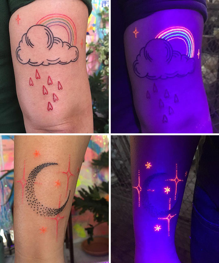 Arm with UV tattoo designs; colorful rainbow with clouds and crescent moon with stars glowing under UV light.