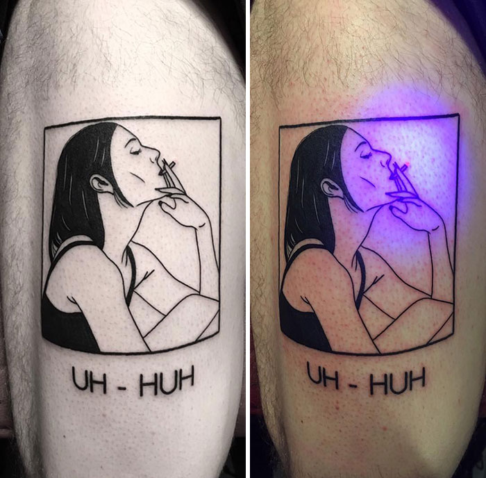 UV tattoo design of a woman smoking, glowing under blacklight with text "Uh-Huh" below.