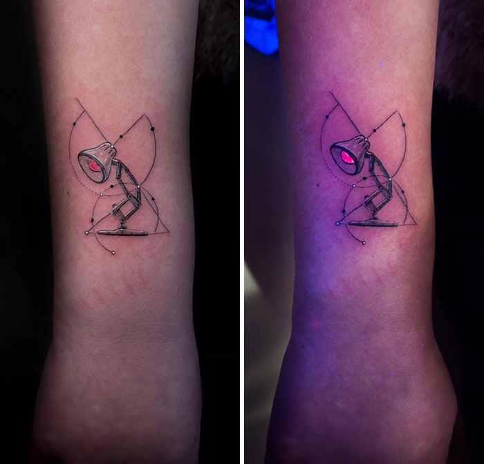 UV tattoo design of a geometric lamp, glowing under black light, enhancing its unique details.
