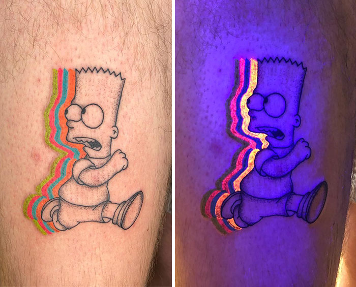 UV tattoo design of a cartoon character with glowing neon effects under blacklight, showing color vibrancy and unique style.