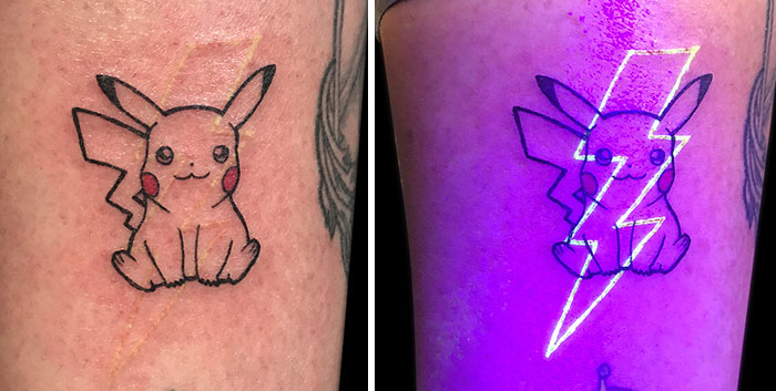UV tattoo design of a Pikachu with a lightning bolt glowing under blacklight.