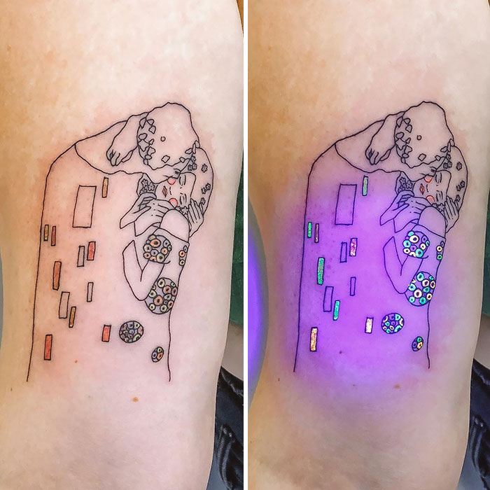 UV tattoo design showing colorful geometric patterns under blacklight.