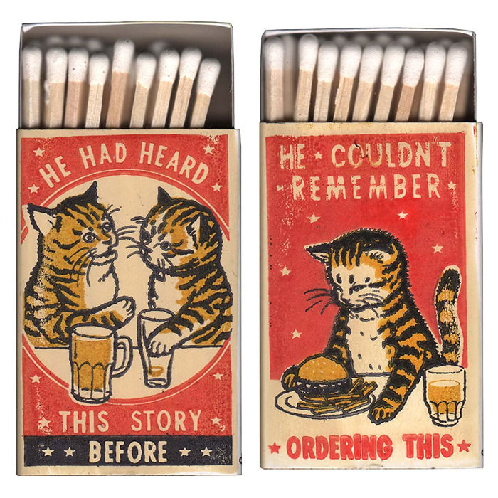 Matchbox Art Featuring Drunk Cats Getting Into Funny And Embarrassing Situations In A Bar Matchbox Art Featuring Drunk Cats Getting Into Funny And Embarrassing Situations In A Bar