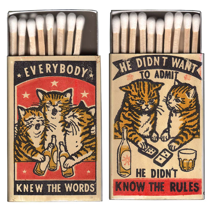 Matchbox Art Featuring Drunk Cats Getting Into Funny And Embarrassing Situations In A Bar Matchbox Art Featuring Drunk Cats Getting Into Funny And Embarrassing Situations In A Bar