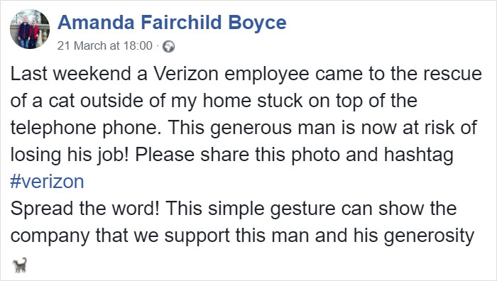 Verizon Suspends Worker Who Rescued Cat Using His Work Equipment Verizon Suspends Worker Who Rescued Cat Using His Work Equipment