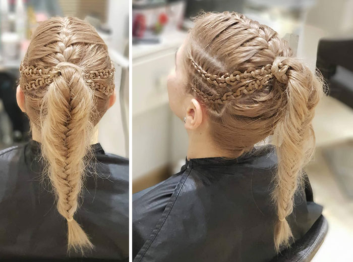 Woman with intricate Viking hairstyles, showcasing braids with a modern twist.