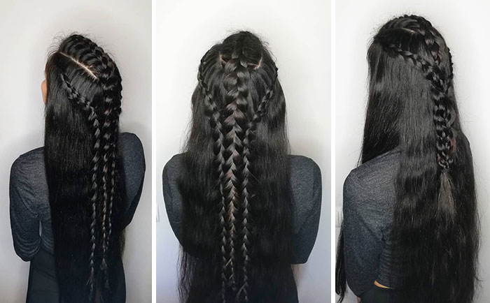 Viking hairstyles featuring intricate braids on long dark hair, showcasing fierce and modern styles for Valkyries.