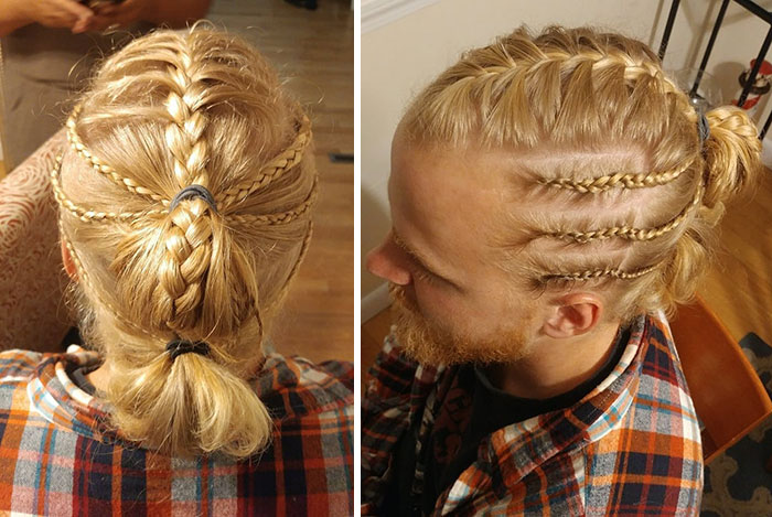 Braided Viking hairstyle with small side braids, showcasing modern Valkyrie inspiration on blonde hair.