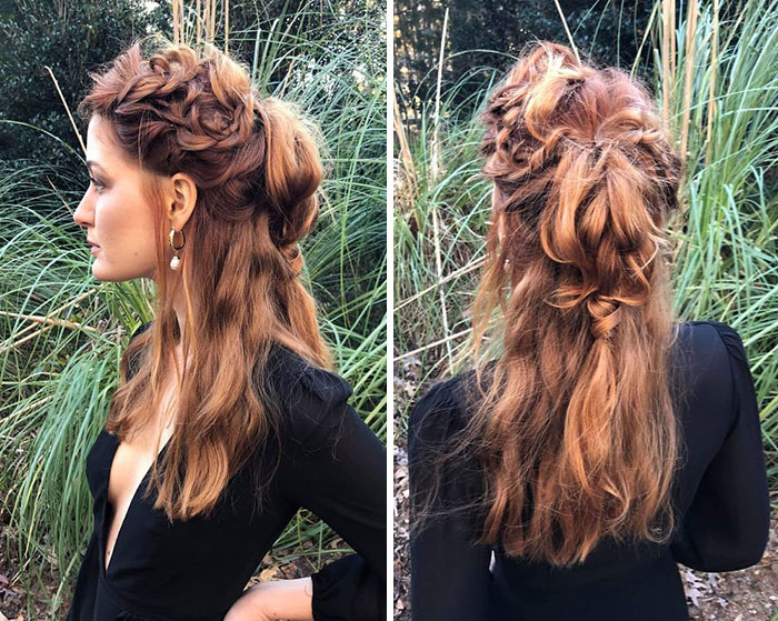 Braided Viking hairstyle on a woman with long red hair, side and back views, set outdoors.