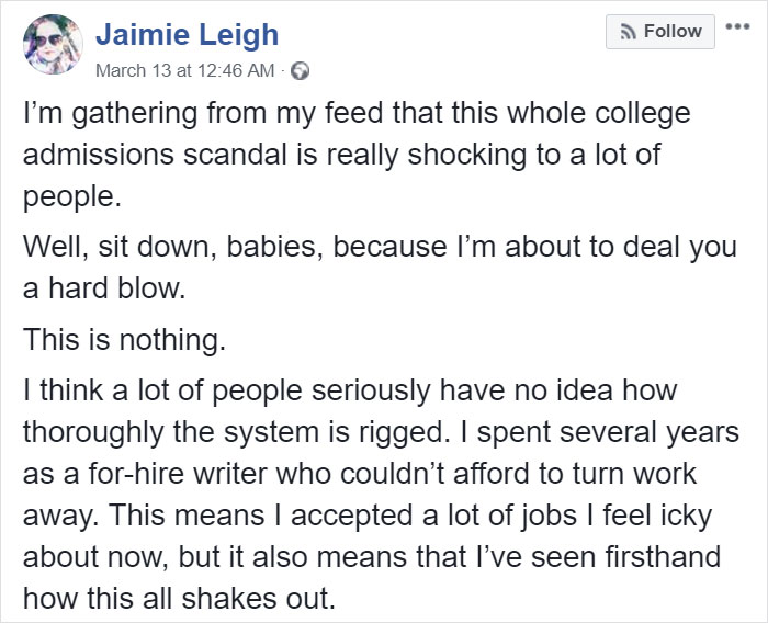 If You Thought College Admission Scandal Was Bad, This Woman's Post About Rich People Buying Her Writing Services Will Show It's Worse