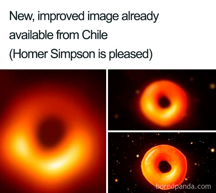 Funny reactions to black hole image with a reference to Homer Simpson above three glowing doughnut-like images.