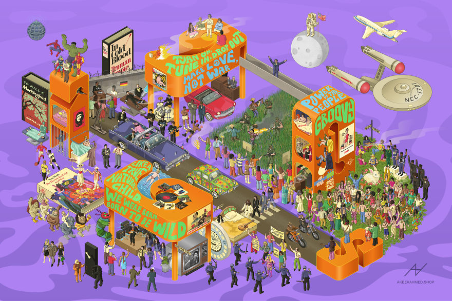 I Draw Illustrations With Symbols Of The 20s, 40s And 60s To Express My Love For Pop-Culture And History I Draw Illustrations With Symbols Of The 20s, 40s And 60s To Express My Love For Pop-Culture And History