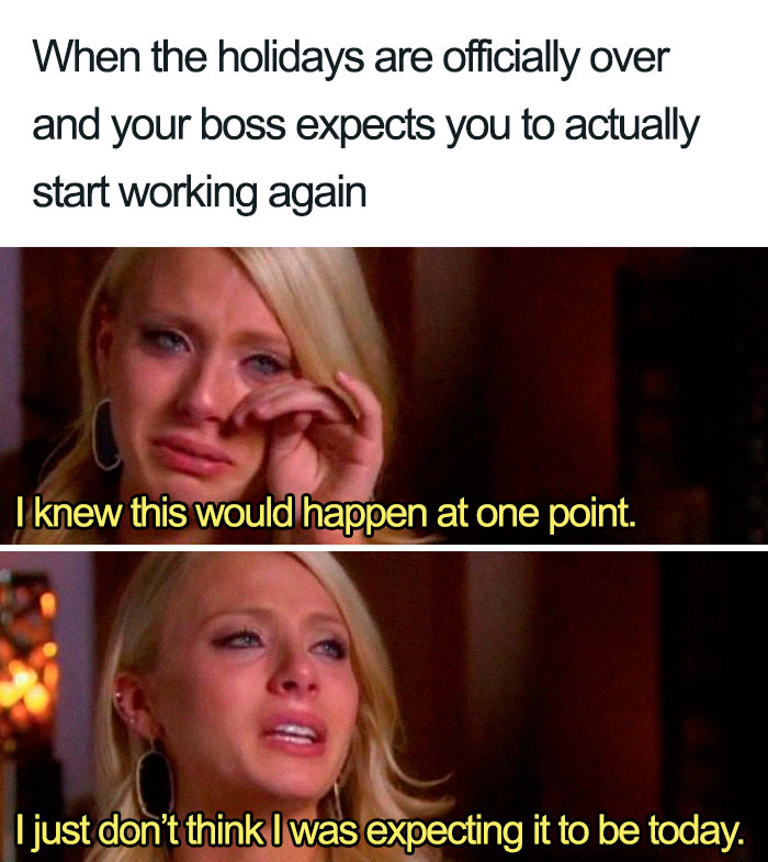 Crying woman in a meme about returning to work after holidays; funniest boss memes reaction.