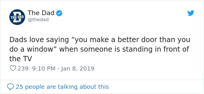 Tweet about universal dad sayings, featuring the classic joke: "You make a better door than a window," with TV humor.
