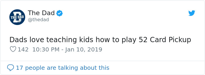Tweet humorously showcasing a classic dad saying about teaching 52 Card Pickup.
