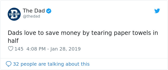Tweet from "The Dad" page about classic dad sayings and jokes, mentioning saving money by tearing paper towels in half.