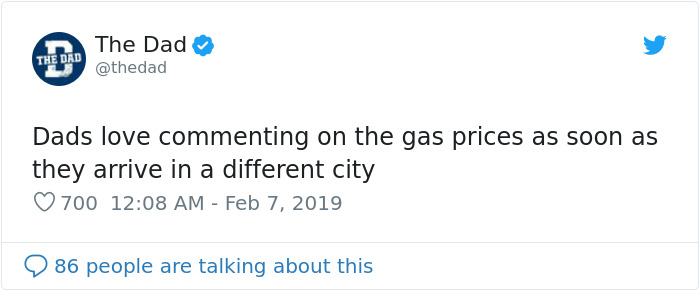 Tweet from "The Dad" humorously highlighting a universal dad saying about commenting on gas prices in new cities.