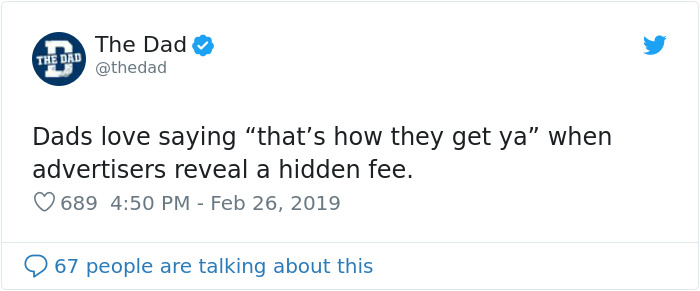Tweet about classic dad sayings on hidden fees with likes and comments.