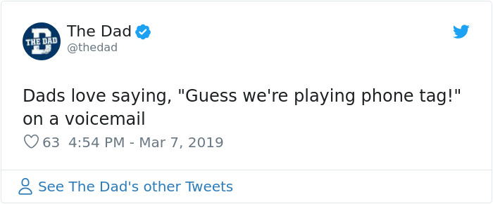 Tweet highlighting a classic dad saying about playing phone tag, exemplifying universal dad jokes.