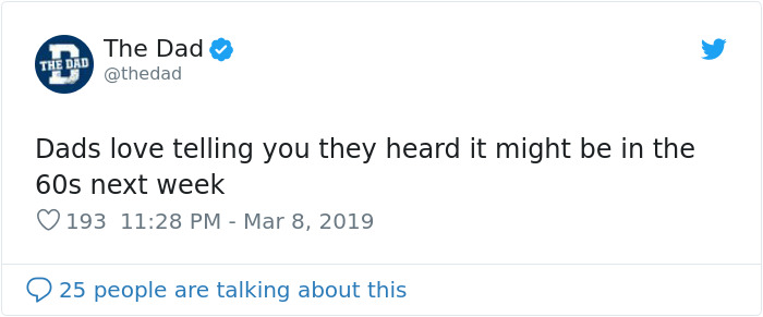 Tweet featuring a classic dad saying about upcoming weather predictions.