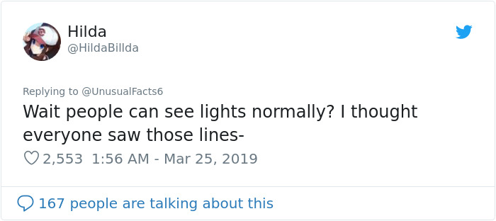 Tweet questioning normal sight and astigmatism perceptions, highlighting visibility differences in light. Tweet questioning normal sight and astigmatism perceptions, highlighting visibility differences in light.