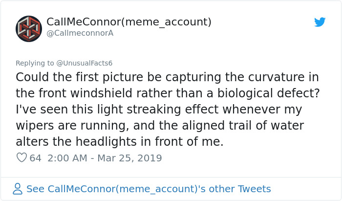 Tweet discussing astigmatism effects compared to normal sight, questioning if windshield curvature affects perception. Tweet discussing astigmatism effects compared to normal sight, questioning if windshield curvature affects perception.