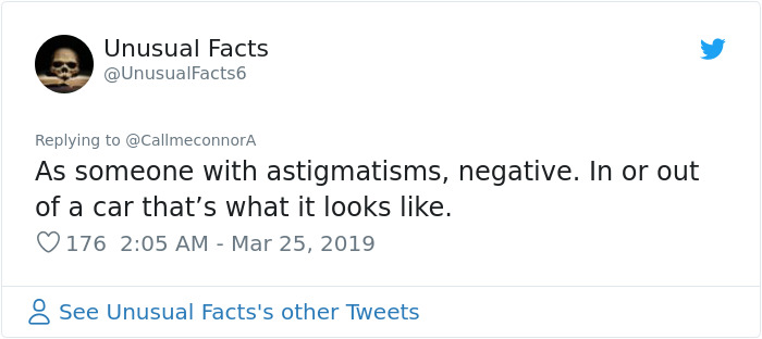 Tweet discussing astigmatism perspective, mentioning visual appearance comparison. Tweet discussing astigmatism perspective, mentioning visual appearance comparison.