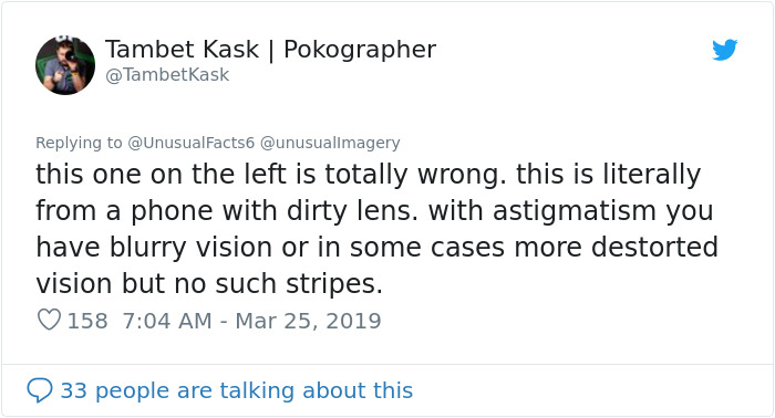 Tweet discussing astigmatism vs normal sight, mentioning blurry and distorted vision, and camera lens issues. Tweet discussing astigmatism vs normal sight, mentioning blurry and distorted vision, and camera lens issues.