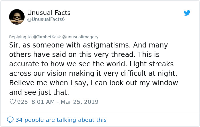 Tweet discussing astigmatism affecting vision, with light streaks seen at night, went viral. Tweet discussing astigmatism affecting vision, with light streaks seen at night, went viral.