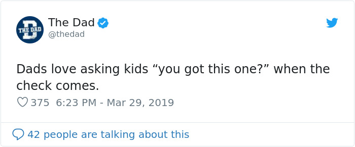 Tweet showing a dad joke about asking kids to pay the check.