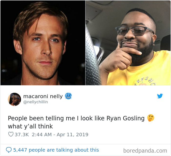 Man in yellow shirt with glasses posing confidently beside a photo of Ryan Gosling, highlighting a striking look-alike comparison. Man in yellow shirt with glasses posing confidently beside a photo of Ryan Gosling, highlighting a striking look-alike comparison.