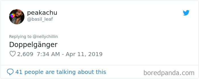 Tweet from user @basil_leaf with a profile photo and text saying Doppelgänger about a Ryan Gosling lookalike. Tweet from user @basil_leaf with a profile photo and text saying Doppelgänger about a Ryan Gosling lookalike.