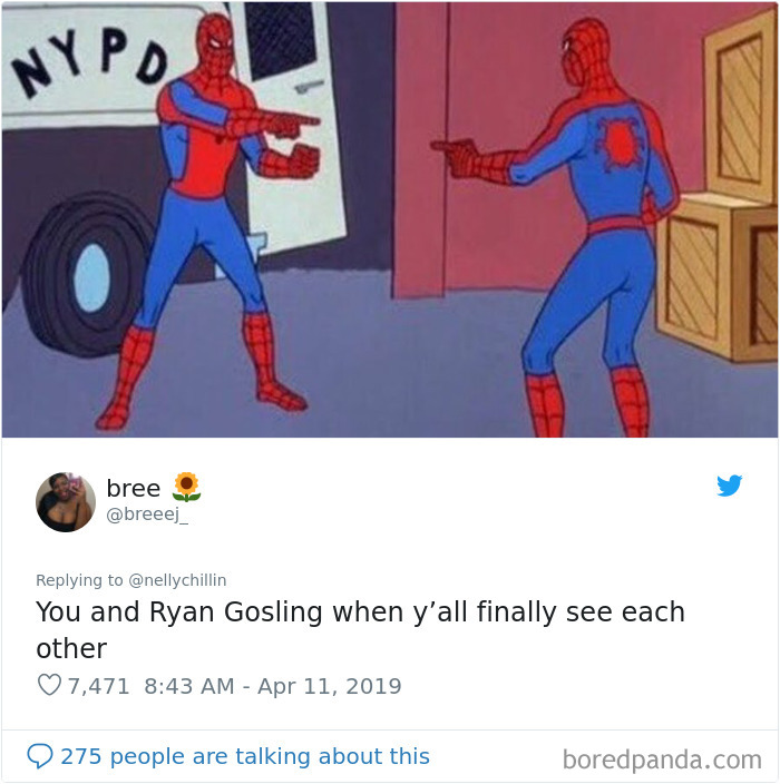 Two identical Spider-Man characters pointing at each other, illustrating a guy saying he looks just like Ryan Gosling. Two identical Spider-Man characters pointing at each other, illustrating a guy saying he looks just like Ryan Gosling.