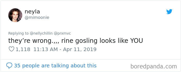 Screenshot of a tweet where a user discusses Ryan Gosling lookalikes, engaging with the online community. Screenshot of a tweet where a user discusses Ryan Gosling lookalikes, engaging with the online community.