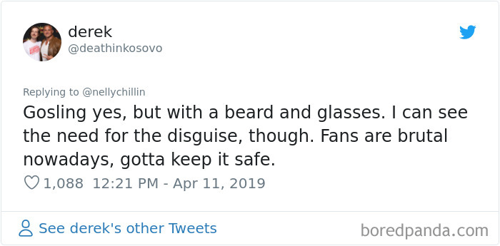 Tweet text showing a user commenting on a guy who looks like Ryan Gosling with a beard and glasses, discussing disguise and fans. Tweet text showing a user commenting on a guy who looks like Ryan Gosling with a beard and glasses, discussing disguise and fans.
