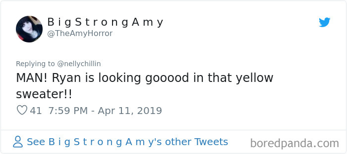 Screenshot of a Twitter reply praising a guy for looking like Ryan Gosling wearing a yellow sweater. Screenshot of a Twitter reply praising a guy for looking like Ryan Gosling wearing a yellow sweater.