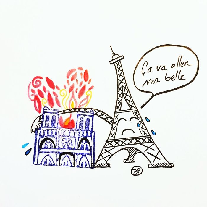 Un Dessin Réalisé En Soutien À @notredameparis En M'accrochant À L'espoir Qu'elle Reste Malgré Tout Debout. Si Triste Ce Soir.