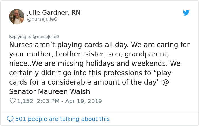 Senator Says Nurses Don’t Need Breaks As They Spend Most Of The Day Playing Cards, Nurses Respond With Sarcastic Pics Senator Says Nurses Don’t Need Breaks As They Spend Most Of The Day Playing Cards, Nurses Respond With Sarcastic Pics